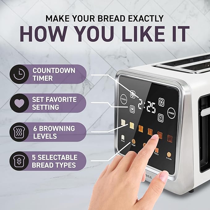 Touch Screen Toaster - 4 Slice 2 Extra Long Slots - 5 Bread Types and 6 Browning Levels - Defrost Reheat Favorite &amp Single Slot Modes - For Toast Bagels &amp Waffles – White