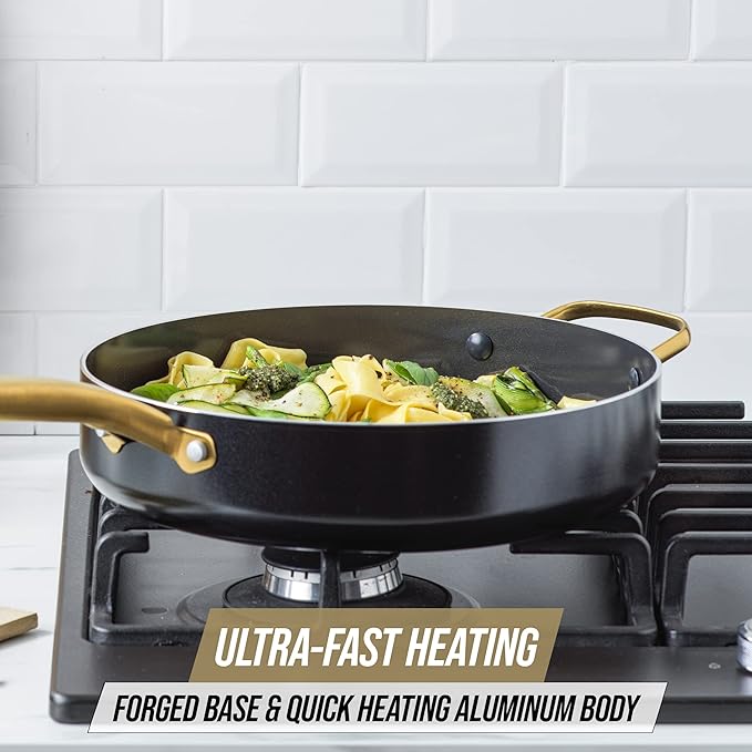 Blue Diamond 4QT Saute Pan with Lid Non Toxic Induction PFAS-Free Diamond Ceramic Nonstick Dishwasher &amp Oven Safe Metal Utensil Safe Gold Handle &amp Helper Handle Jumbo Skillet Glass Lid