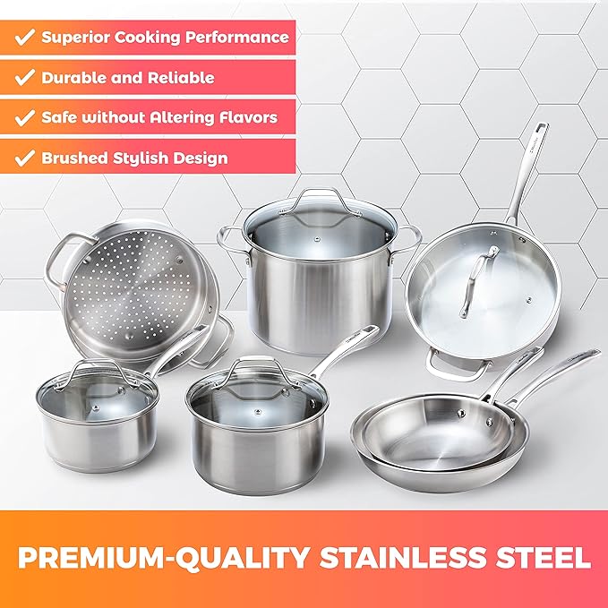 Mueller Pots and Pans Set 11-Piece Ultra-Clad Pro Stainless Steel Cookware Set Ergonomic and EverCool Stainless Steel Handle Includes Saucepans Skillets Stockpot Saute Pan Steamer