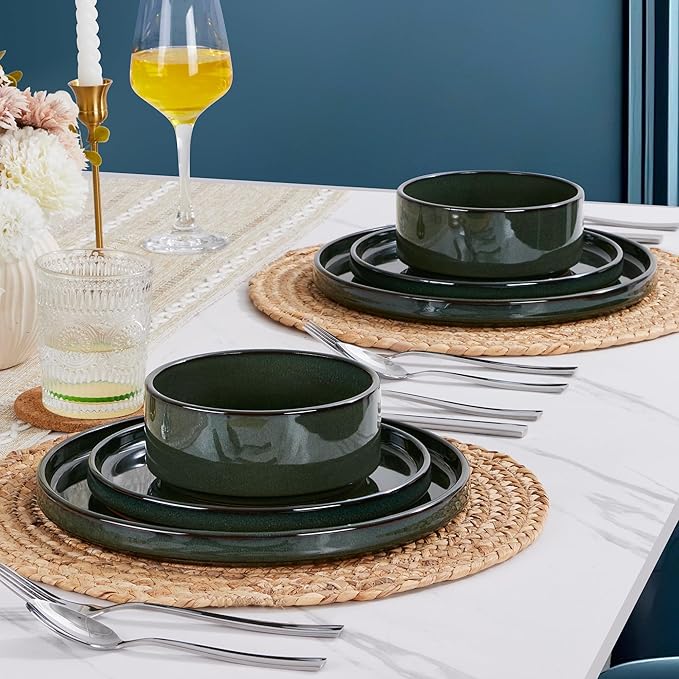 LIANYU Plates and Bowls Sets for 4 12 Piece Stoneware Dinnerware Dishes Set Ceramic Dinner Dishware for Pasta Dessert Cereal Rustic Terracotta Bottom Chip Resistant &amp Dishwasher Safe Hunter G