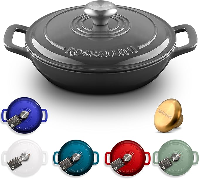 Signature Enameled Cast Iron Braiser Non-Stick Serving Pot with Tight Fitting Lid for Perfect Roasting Baking Sauteing Searing and Pan Frying | 1.5Q (1.4L) - Oyster Grey