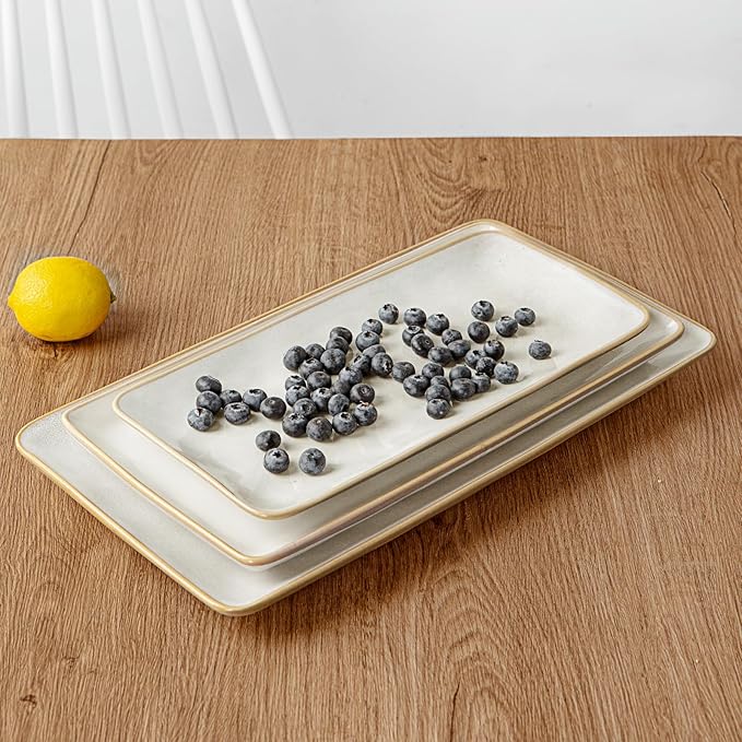 Famiware Plates and Bowls Sets + 3 Pcs Rectangular Serving Platter 15-Piece Dinnerware Sets for 4 White