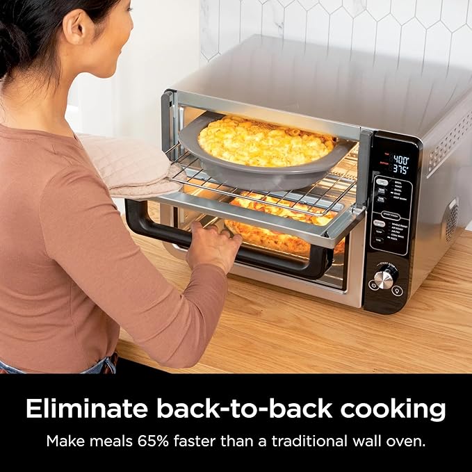 Ninja DCT400 10-in-1 Double Oven with FlexDoor FlavorSeal &amp Smart Finish Rapid Top Convection and Air Fry Bottom Bake Broil Air Roast Toast Air Fry Pizza and More Stainless Steel (Renewed