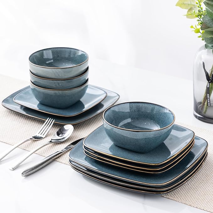 AmorArc Ceramic Dinnerware Sets for 4 12 Pieces Square Handpainted Plates and Bowls Set Chip and Scratch Resistant Stoneware Dishes Set Dishwasher &amp Microwave Safe Ocean Blue