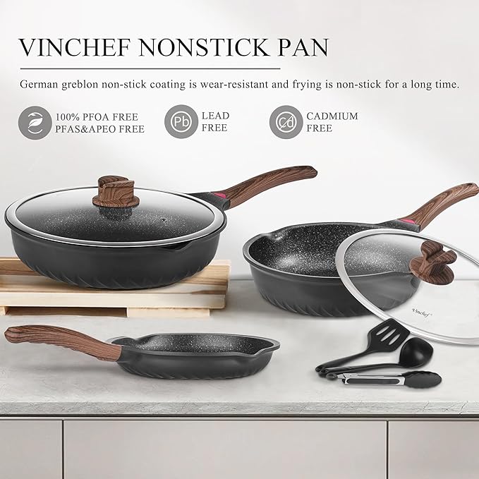 Vinchef Pots and Pans Set 12pcs Nonstick Induction Kitchen Cookware Sets with Stay-Cool Handles Frying Pans and Saute Pan with Lid Silicone Cooking Utensil Sets and Pot Protectors PFAS PFOA Free