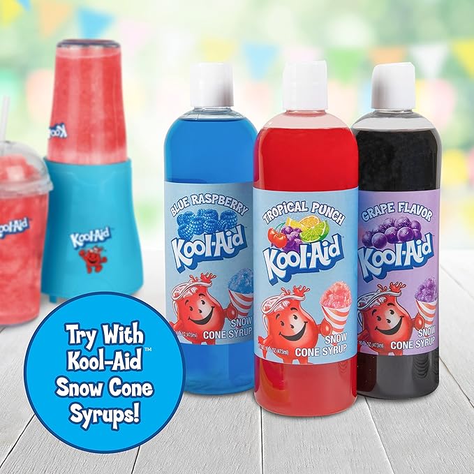 Nostalgia Kool-Aid Slush ‘N Go Personal Blender for Smoothies Slushies Shakes and Fruit Blends Includes Two 15 Oz Travel Bottles Cup Lid and Reusable Straw Blue