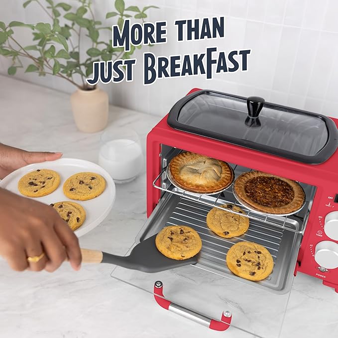 Nostalgia 3-in-1 Retro Breakfast Station - Includes 5 Cup Coffee Maker Non-Stick Ceramic Griddle and 4-Slice Toaster Oven - Built-In Timer Reusable Coffee Filter Space-Saving Design - Red