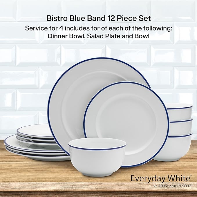 Everyday White by Fitz and Floyd Bistro Blue Band 12 Piece Dinnerware Set Service for 4