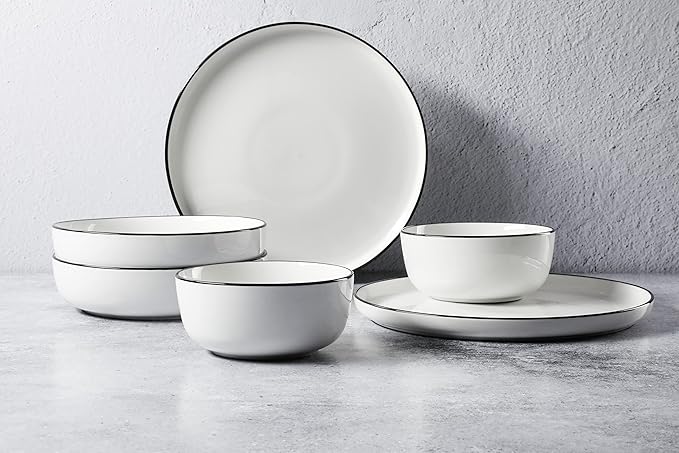 Gibson Home Oslo 16-Piece Porcelain Dinnerware Set Service for 4 – White Plates with Black Rim Microwave &amp Dishwasher Safe