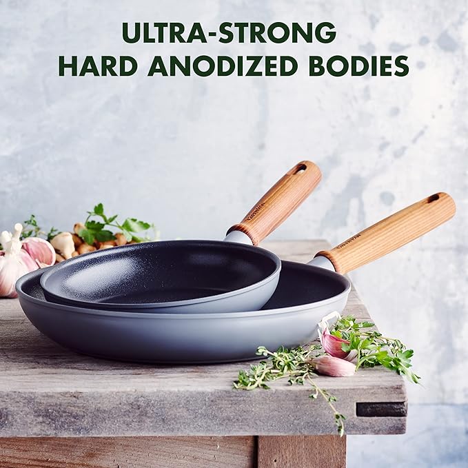 GreenPan Mayflower Pro Hard Anodized Healthy Ceramic Nonstick 10 and 12 Frying Pan Skillet Set Vintage Wood Handle PFAS-Free Induction Charcoal Gray