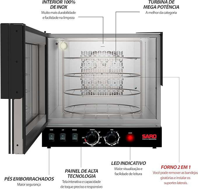 SARO FTR11 Commercial Rotary Turbo Convection Oven Charcoal Gray Stainless Steel Large Digital Display Side Swing 47x49x49 Inches 4 Baking Trays 2500W