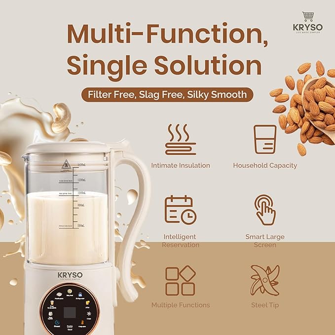 KRYSO 48OZ 8-in-1 Nut Milk Maker Machine Automatic Kitchen Appliance with Milk Frother | Almond Soy Oat &amp Plant-Based Drinks | Self-Cleaning Keep Warm Juice &amp Soup Maker