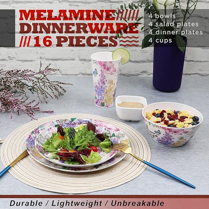 Melamine Dinnerware Set for 4-16 Pcs:Camping Dishes Set with Dinner PlatesSalad PlatesCups and Bowls.Lightweight and Unbreakable.Indoor and Outdoor Use.