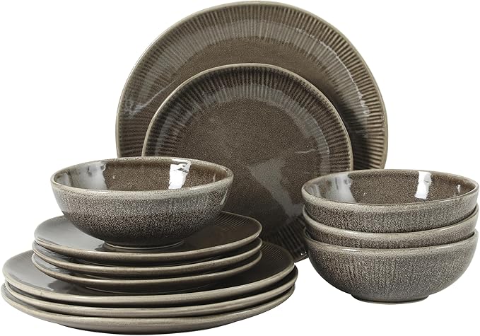 Gibson Elite Sandy Pines Stoneware Plates and Bowls Set - 12 Piece Reactive Glaze Dinnerware Set - Service for 4 - Dishwasher and Microwave Safe - Brown