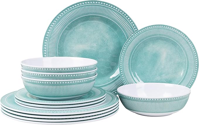 AELS Melamine Dinnerware Set of 12 Pcs Dinner Dishes Set for Indoor and Outdoor Use Melamine Plates and Bowls Set for 4 Dishwasher Safe Lightweight Unbreakable BPA Free Green