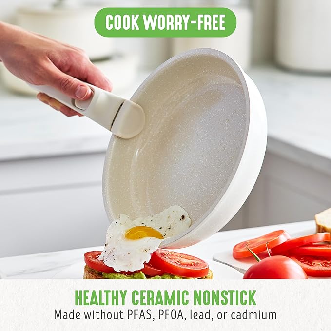 GreenLife 10 Piece Nonstick Pots &amp Pans Set Detachable Handle &amp Stackable Cookware Set Non Toxic PFAS-Free Skillets Induction Kitchen Pans Space Saving Serving Bowls Oven Safe Speckled