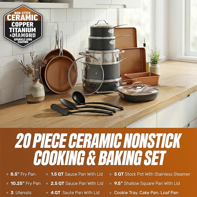 GOTHAM STEEL 20 Pc Ceramic Cookware Set Copper Pots and Pans Set Non Stick with Bakeware Cooking Utensils and Steamer Oven and Dishwasher Safe