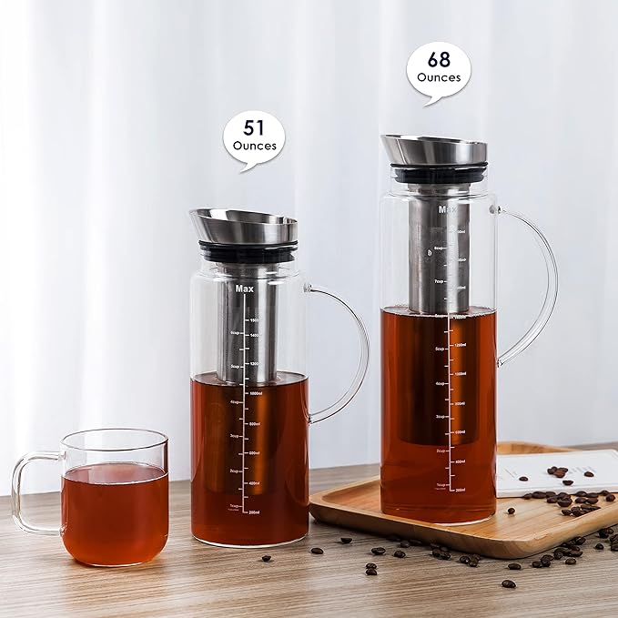 Aquach Cold Brew Coffee Iced Tea Maker &amp Fruit Pitcher - Large Capacity 51 Ounces - with Durable Glass Carafe/Fine Mesh Steel Infuser/Airtight Lid