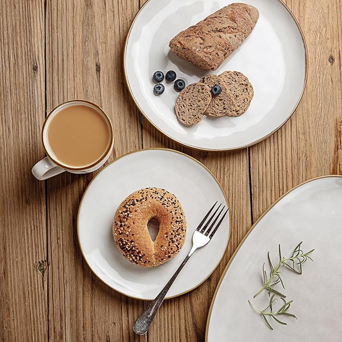 Famiware Ocean Round Plates and Bowls Sets for Kitchen 16-Piece Dinnerware Sets for 4 Reactive Glaze Cappuccino White