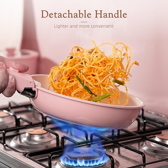 Astercook 21 Pcs Pots and Pans Non Stick Ceramic Cookware Set Detachable Handles RV Kitchen Cooking Set Oven Safe Induction Ready Stackable Pink