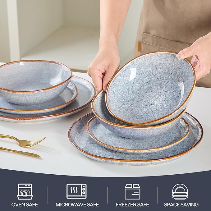 Bestone 12 Pieces Round Kitchen Dinnerware SetsPlates and Bowls SetsDishes Plates Bowls Dish Set Chip Resistant Ceramic Dinnerware Set Dishwasher/Microwave SafeService for 4Reactive Blue