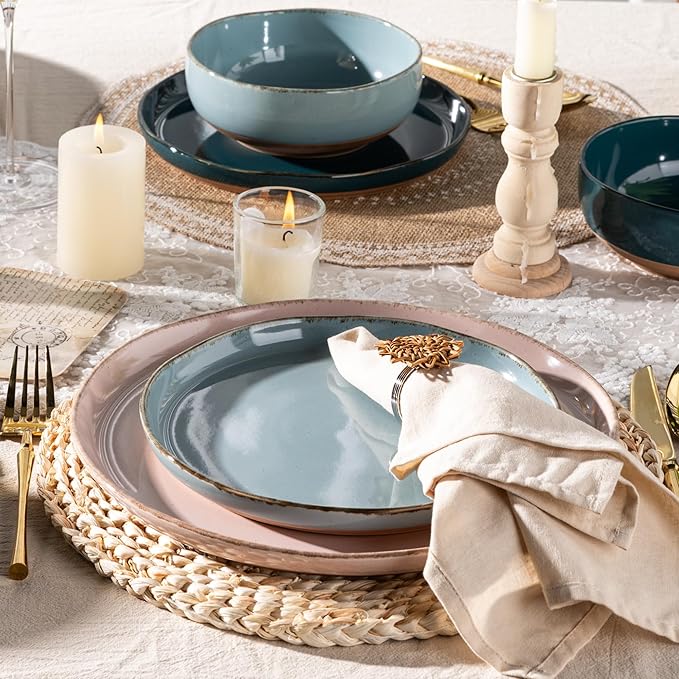 AmorArc Ceramic Dinnerware Sets for 4 12 Pieces Handpainted Plates and Bowls Set with Rustic Terracotta Underside Scratch Resistant Stoneware Dishes Set Dishwasher &amp Microwave Safe Multi-Color