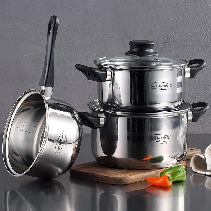 San Ignacio 5-Piece Stainless Steel Cookware Set with Green Neon Frying Pan Set (22 and 26 cm) in Forged Aluminium Suitable for Induction