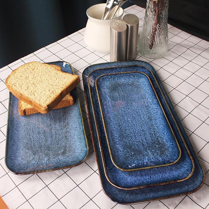 Ceramic Dinner Plates Dish SetSet of 4 for Lunch snacks - Microwave Oven &amp Dishwasher SafeScratch Resistant Dinnerware Kitchen Porcelain Serving DishesBlue 12.4 Inch Rectangle plate
