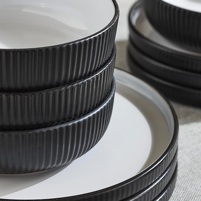 Christian Siriano Laro 12-Piece Stoneware Dinnerware Set Plates and Bowls Set Microwave and Dishwasher Safe Dish Set for 4 Black