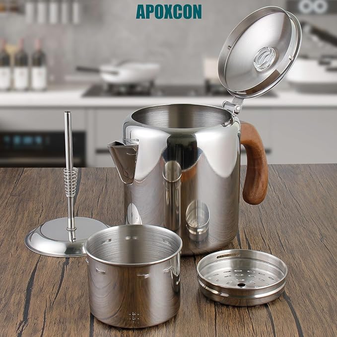 Coffee Percolator Stainless Steel Coffee Maker with Fireproof Solid Wood Handle &amp Tough Glass Clear Brew Progress Knob Camping Coffee Pot Using on any Stovetop NO Aluminum NO Plastic (6 Cup)