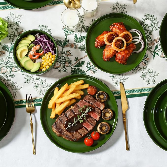 GZG Modern Art Series - 6 Pcs Speckled Stoneware Plates and Bowls Sets Ceramic Dinnerware Set with Rustic Terracotta Underside Microwave and Dishwasher Safe Handcrafted Dishes Set - Verdant Green