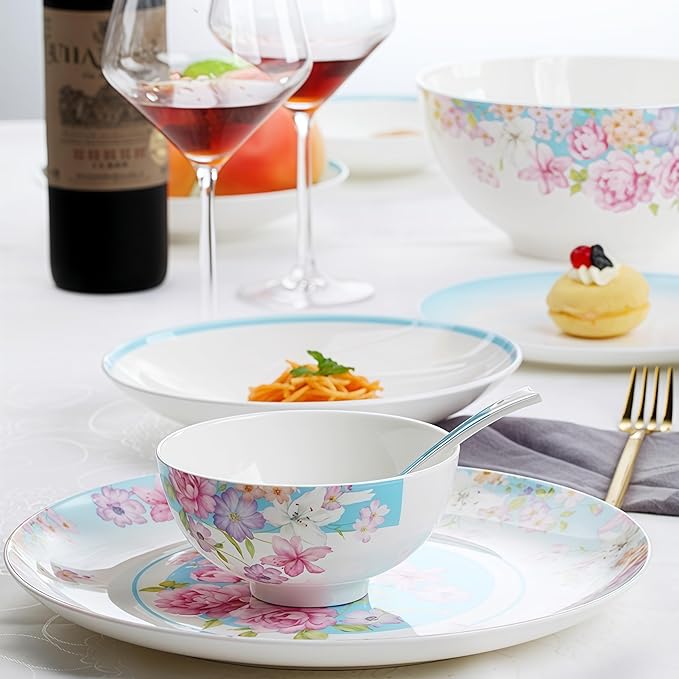 40 Pcs Fine Bone China Dinnerware Set Porcelain &amp Ceramic Dinnerware Sets Bone Stoneware &amp Ceramic Cookware Tableware Set Includes Dinner Plates|Spoons|Pasta Bowls|Soup Pot|Chopsticks