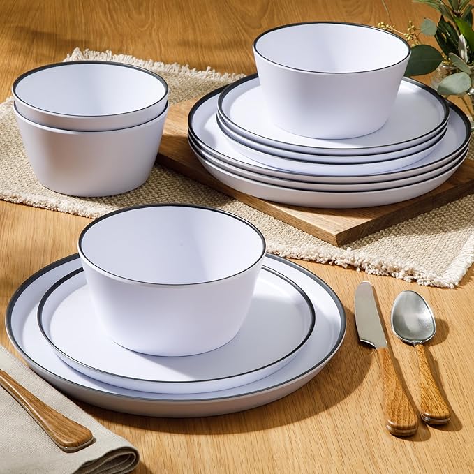 Gibson Home Folsom Shores 12 Piece Unbreakable Modern Melamine Plates and Bowls Dinnerware Set - Outdoor Camping &amp Everyday Use - White W/Black Rim