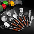 Kitchen Utensils Set Stainless Steel with Wooden HandleMetal Cooking Utensils Set 12 PCSSpatulasLadleSkimmerTunnersSpaghetti SpoonForkPotato MasherEgg WhiskTongs
