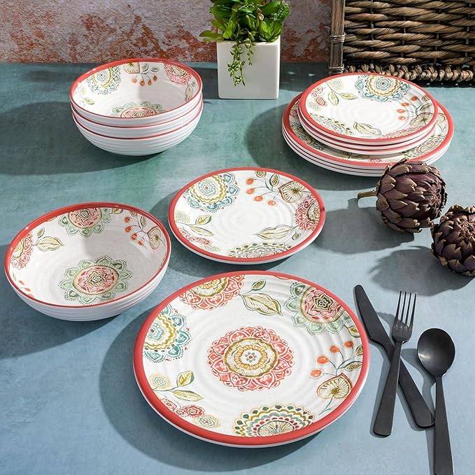 12-Piece Melamine Dinnerware Set – Ripple Edge Floral Design in Brick Red Lightweight &amp Chip-Resistant Plates and Bowls Dishwasher Safe Service for 4