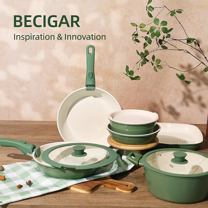 23pcs Ceramic Pots and Pans Set Nonstick Detachable Handle Cookware Induction Kitchen Cooking Set with Removable Handleinclude Frying Pans &amp Saucepans Oven Safe(Green)