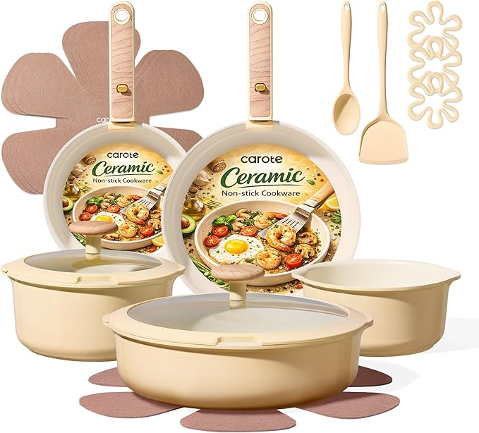 CAROTE 18 Pcs Ceramic Cookware Set Detachable Handle Non Toxic Pots and Pans Set Non Stick Induction Kitchen Cookware Removable Handles Oven Safe Stackable RV/Camping Cooking Set Yellow