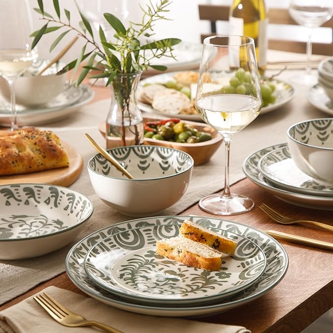 Bloomhouse - 2-Time Oprah’s Favorite Things - Valencia Flor 16 Piece Dinnerware Set Artisanal Decorated Stoneware Plates &amp Bowls Service for 4 Microwave &amp Dishwasher Safe Fern Green