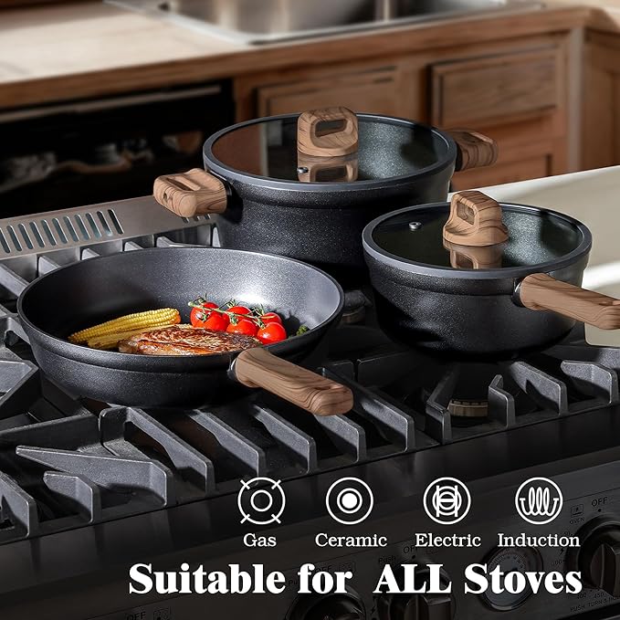 SENSARTE 20Pcs Nonstick Pots and Pans Set Black Titanium Non Stick Cookware Set Healthy Kitchen Cooking Set Induction Compatible Dishwasher Safe PFOA/PFOS Free