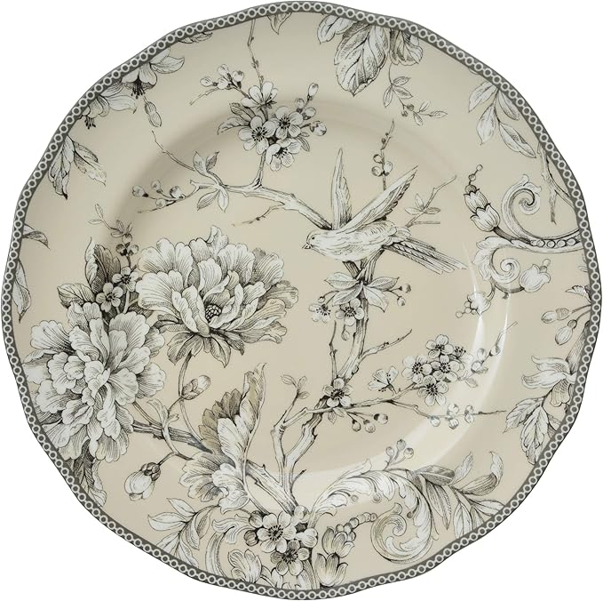 222 Fifth Adelaide 16-Piece Traditional Antique White Porcelain Dinnerware Set – Service for 4 Romantic Bird &amp Floral Design Everyday Big Dinner Plates and Bowls Sets Microwave &amp Dishwasher