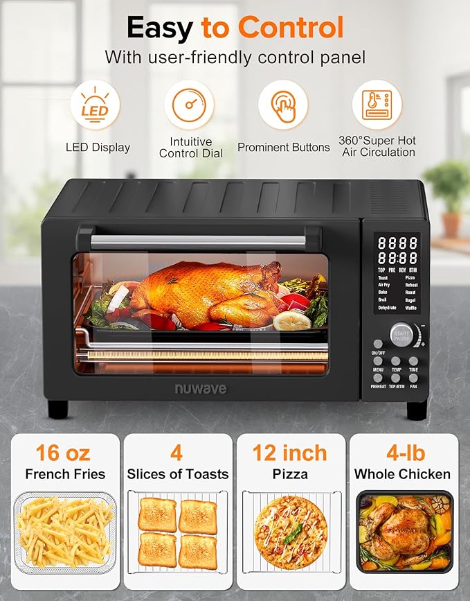 Nuwave Bravo Pro Smart Air Fryer Toaster Oven Combo Airfryer Convection Oven Countertop 10-in-1 Functions with Quicker &amp Even Crisp Technology 1800W 50-450°F PFAS-Free 21QT Black