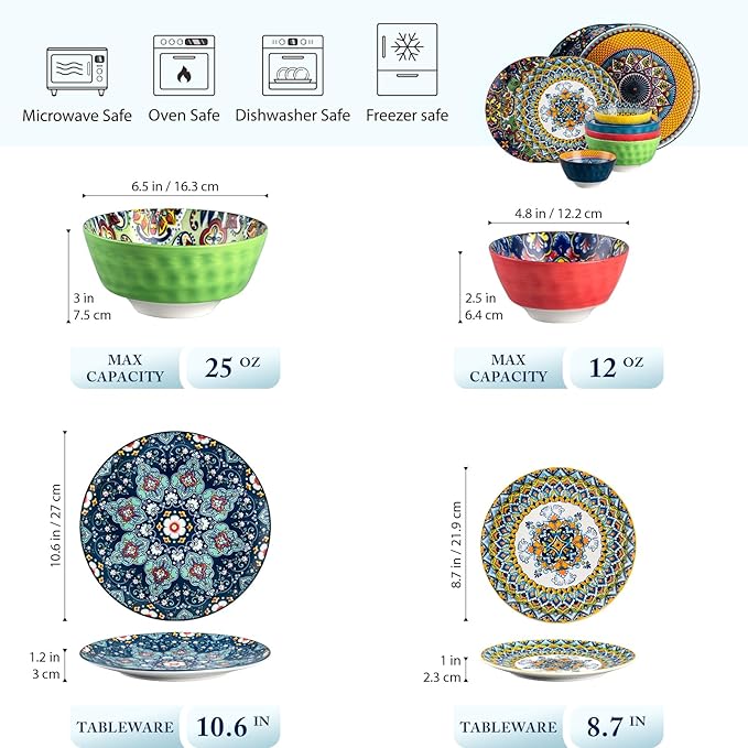 Porcelain Bowl and Dinner Plate Set 24 pcs Dinnerware Set - Bohemian Style