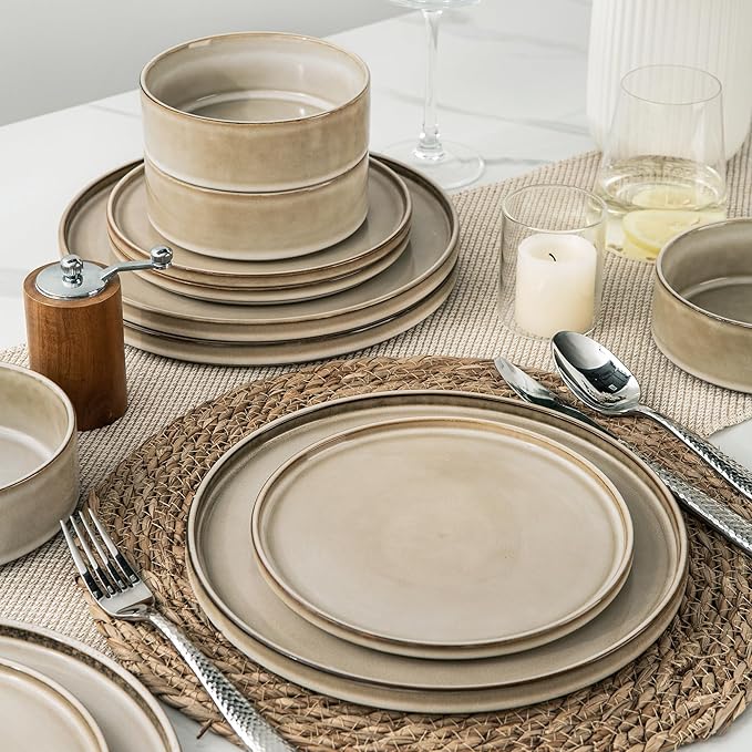 AmorArc Ceramic Dinnerware Sets with Pasta Bowl Handmade Reactive Glaze Plates and Bowls SetsHighly Chip and Crack Resistant | Dishwasher &amp Microwave Safe Dishes Set Service for 4 (16pc)