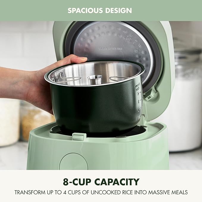 GreenPan Rice Cooker 8 Cups Cooked (4 Uncooked) Low-Carb &amp Soup Mode10 ONE-TOUCH Cooking Presets PFAS-Free Ceramic Steamer Basket Fuzzy Logic Auto Keep Warm Oats 24HR Delay Timer Mint Gre