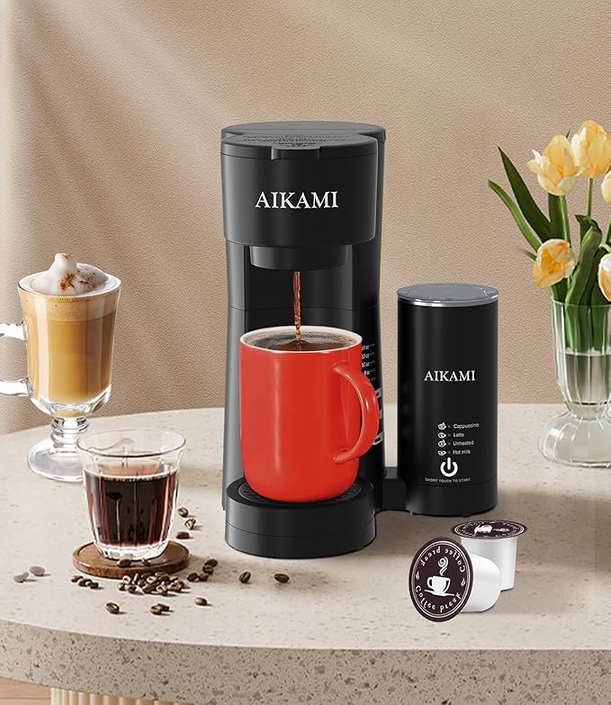 Single Serve Coffee Maker for K Cup &amp Ground Coffee with Milk Frother 6 to 14 Oz Brew Sizes Auto-Off Coffee Machine with Water Reservoir