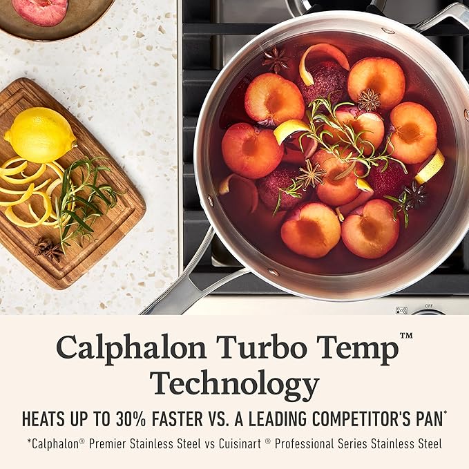 Calphalon Premier Polished 5-Ply Stainless Steel Cookware Set w/Turbo Heat Tech 4.5Qt Chef's Pan with Lid Induction Oven Safe 500F PFOA Free Polished Stainless Silver