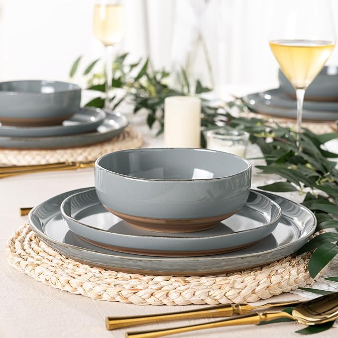 AmorArc Ceramic Dinnerware Sets for 4 12 Pieces Handpainted Plates and Bowls Set with Rustic Terracotta Underside Scratch Resistant Stoneware Dishes Set Dishwasher &amp Microwave Safe
