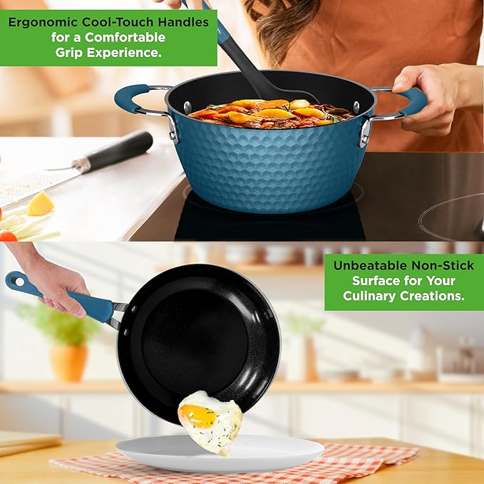 NutriChef 11 Pc Pots and Pans Set - Non Stick Cookware Set with Ceramic Coating Ergonomic Handles Induction Ready Includes Saucepan Dutch Oven Large &amp Small Fry Pans - Royal Blue