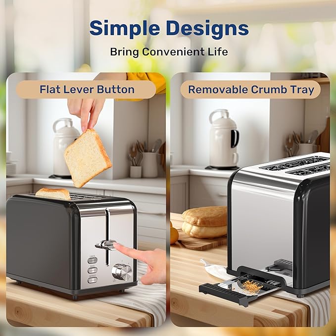 Simple Deluxe 2-Slice Stainless Steel Toaster Extra Wide Slot &amp Removable Crumb Tray 6 Browning Setting and 3 Function Toaster for Bread &amp Waffle Black