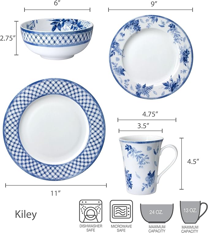 Mikasa Kiley Bone China Lightweight Chip Resistant 16 Piece Dinnerware Set Service for 4Blue and White